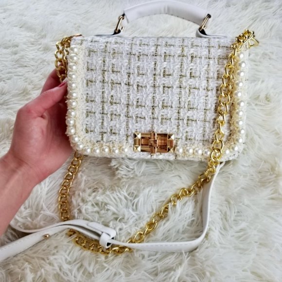 White Pearl + Gold Beaded Woven Mini Purse - Picture 3 of 10